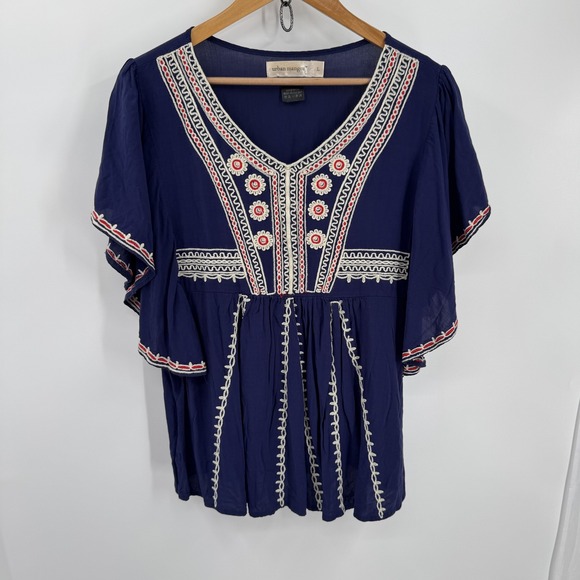 Urban Mangoz Womens Boho Peasant Blouse Navy Embroidered V Neck Cotton Size L - Picture 2 of 8